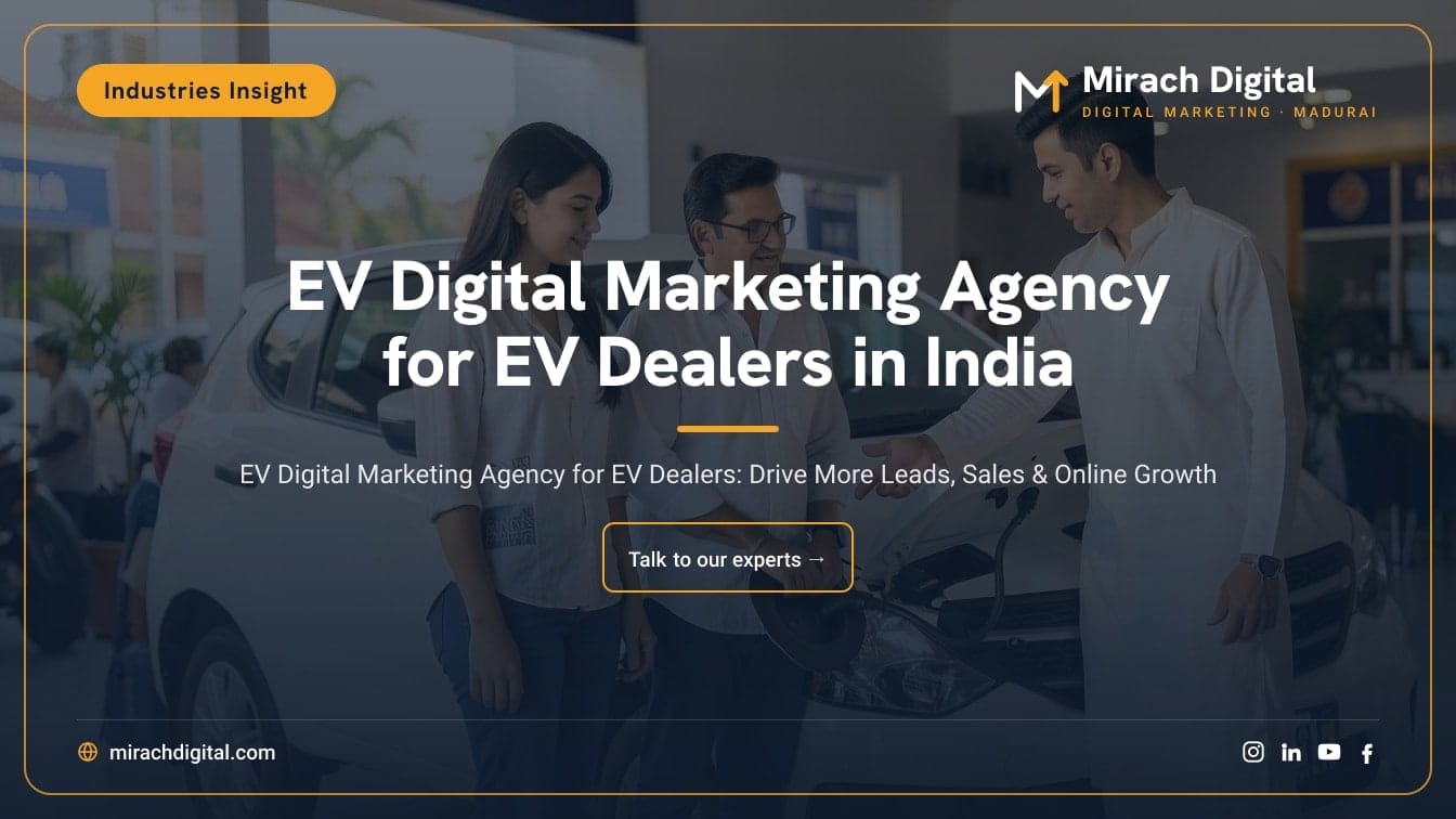 EV Digital Marketing Agency for EV Dealers in India: Couple examining an electric car charging port with a salesperson at a Madurai dealership