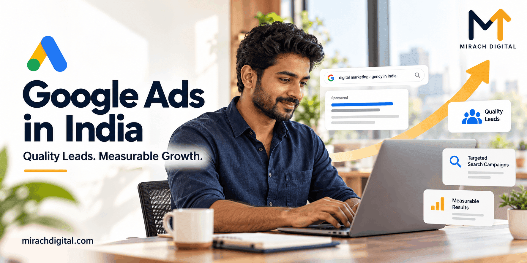 A small business owner in Madurai reviewing Google Ads performance on a laptop with charts showing leads and cost per click